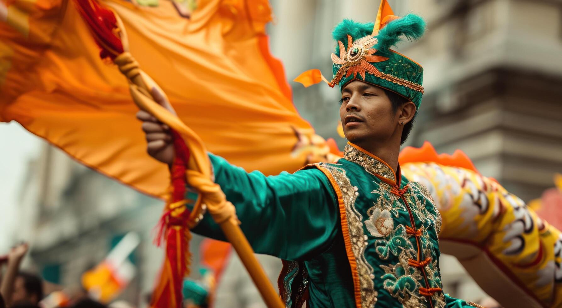 AI generated man in costume holds indian and chinese flag, and a dragon in a parade, photo