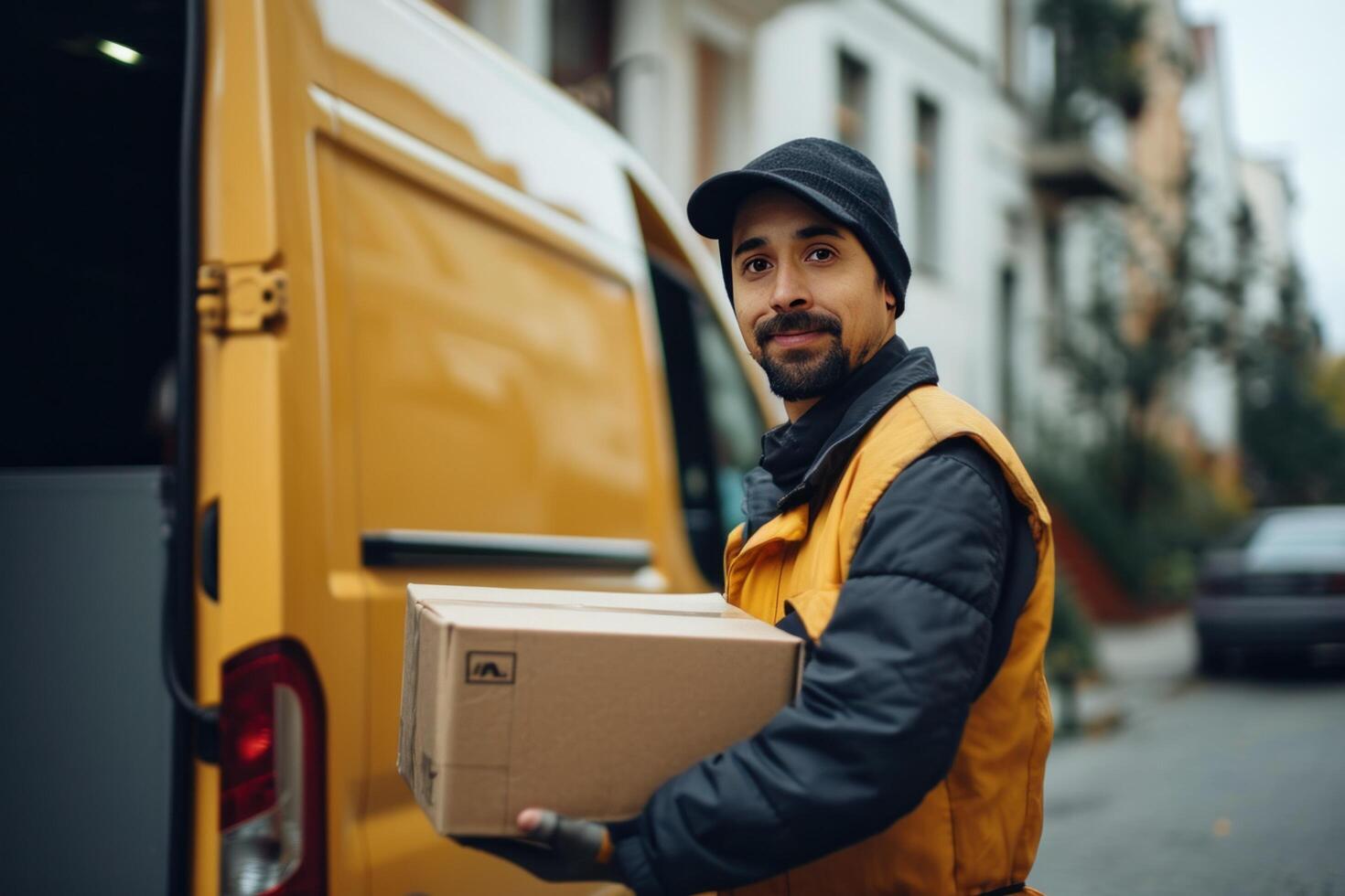 AI generated courier delivery driver holding a box in front of a van photo