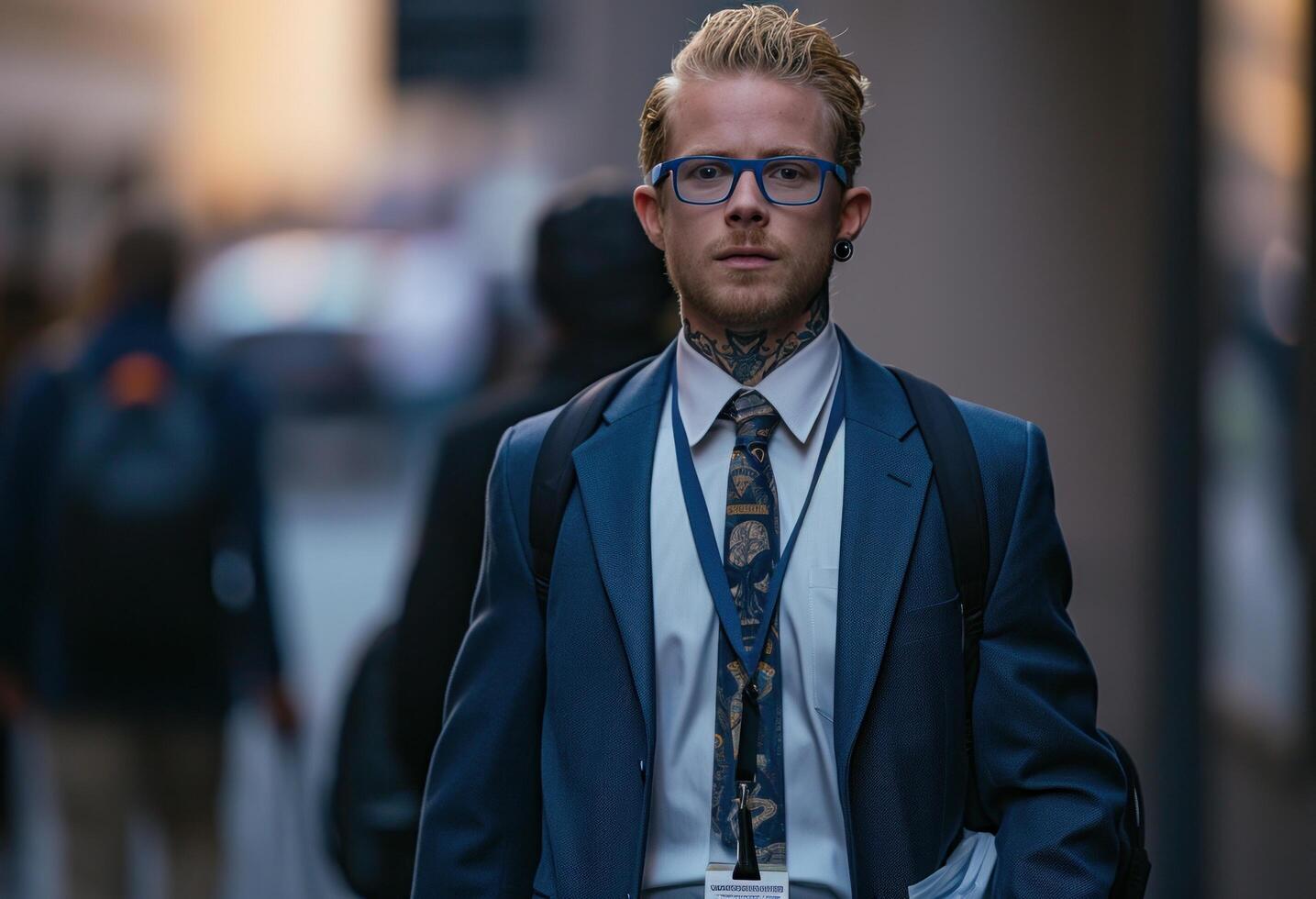 AI generated male worker wearing blue suit and blue glasses walking in the street photo