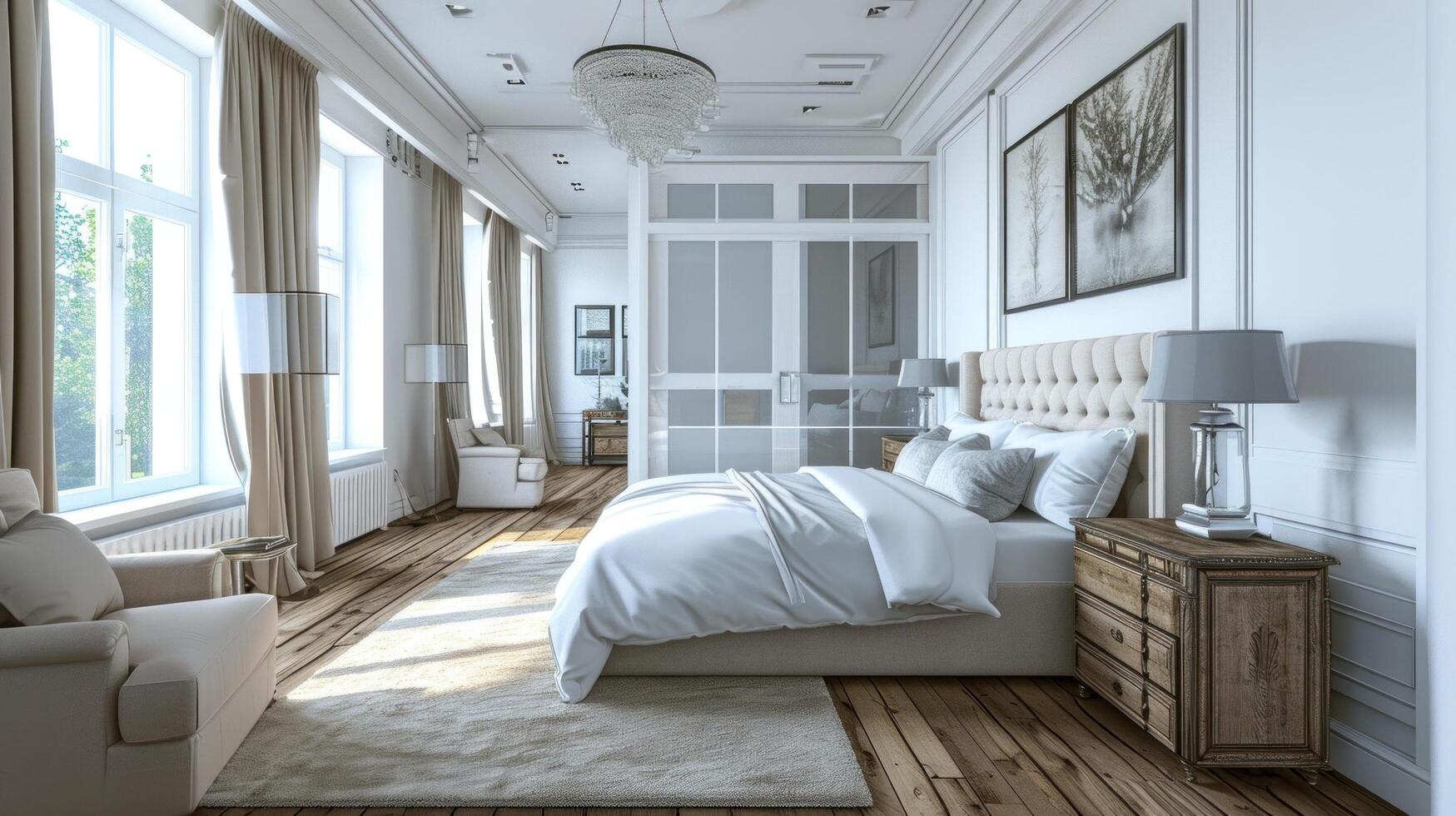 AI generated bedroom in neutral tones, a white and beige bed and wall photo