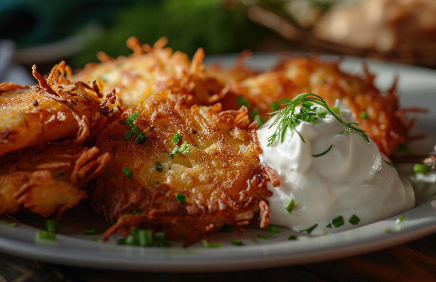 AI generated homemade latkes with a dollop of sour cream and a dip photo