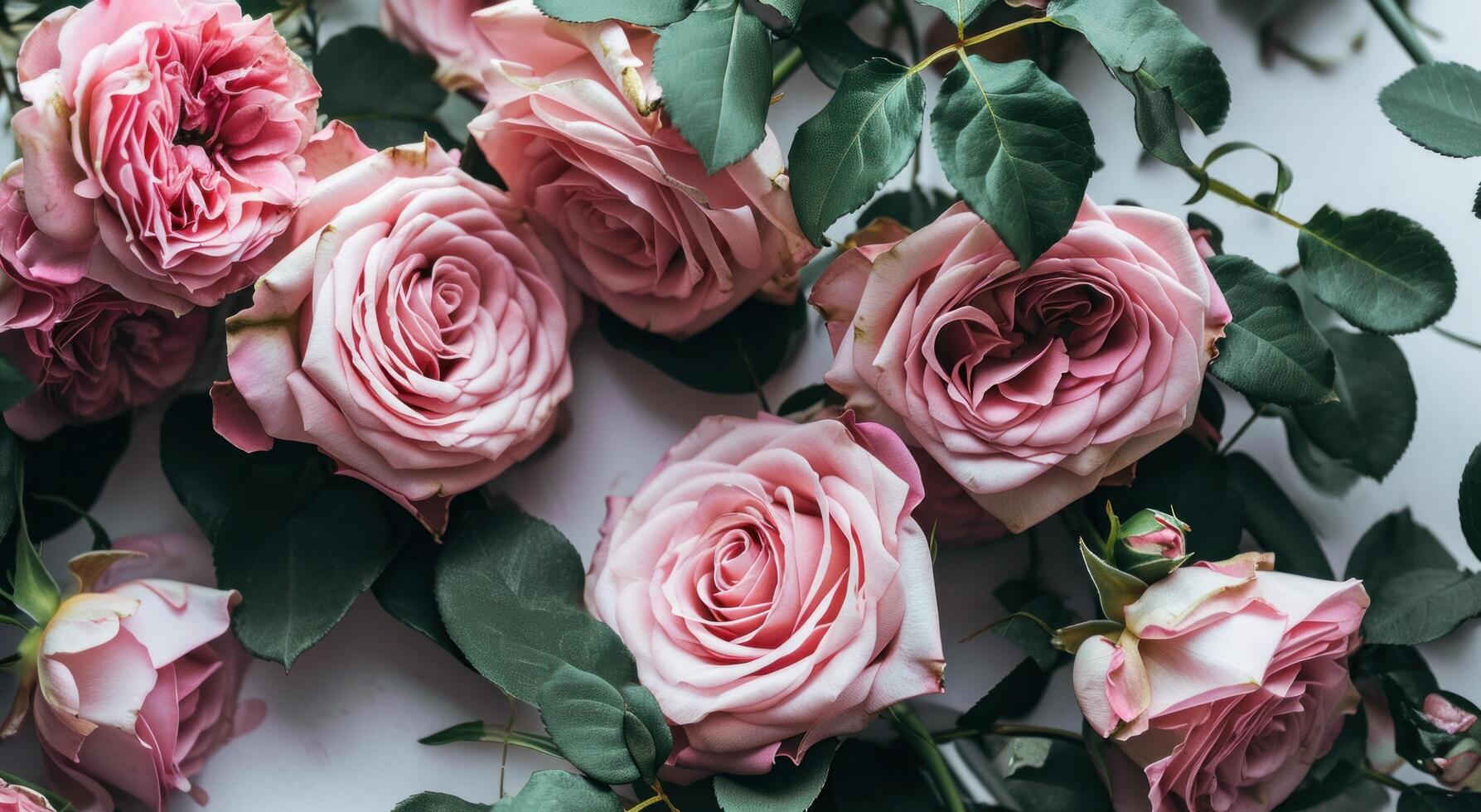 AI generated pink roses with green leaves arranged in a box on white photo