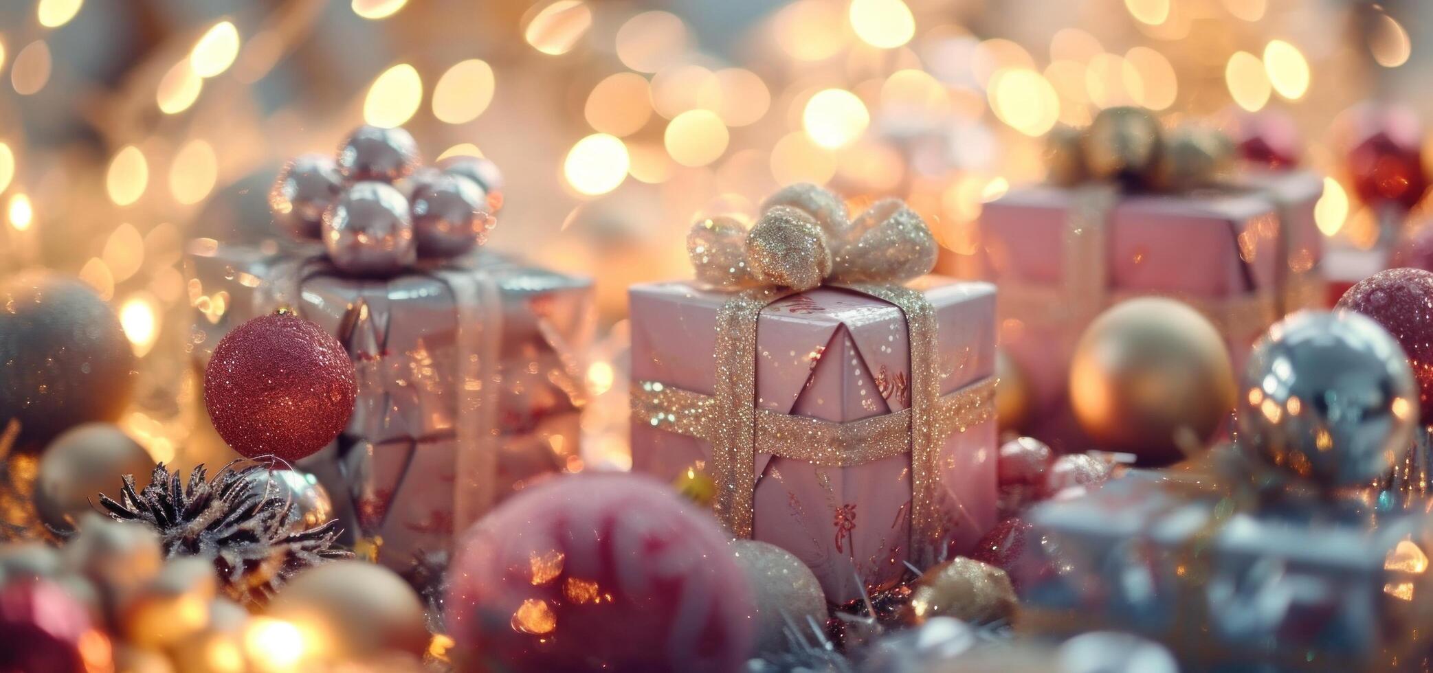 AI generated present boxes and decorations of various colors photo