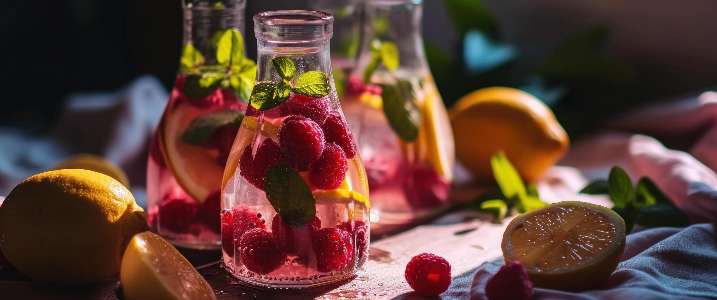 AI generated raspberries, lemons and mint in bottled water shot photo