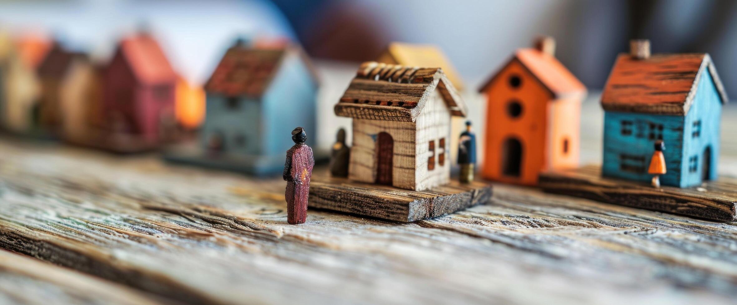 AI generated handmade wood houses and some people photo