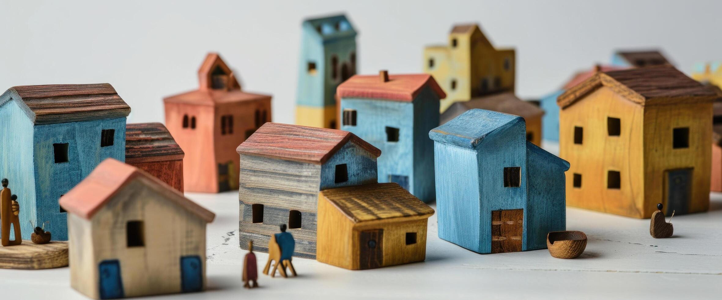 AI generated handmade wood houses and some people photo