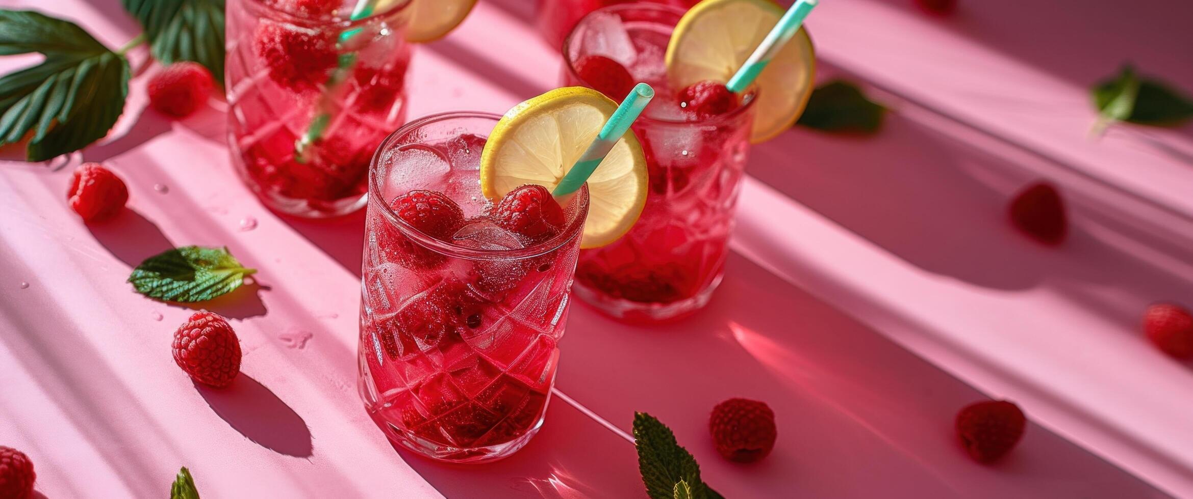 AI generated raspberry lemon soda on a pink background with raspberries photo