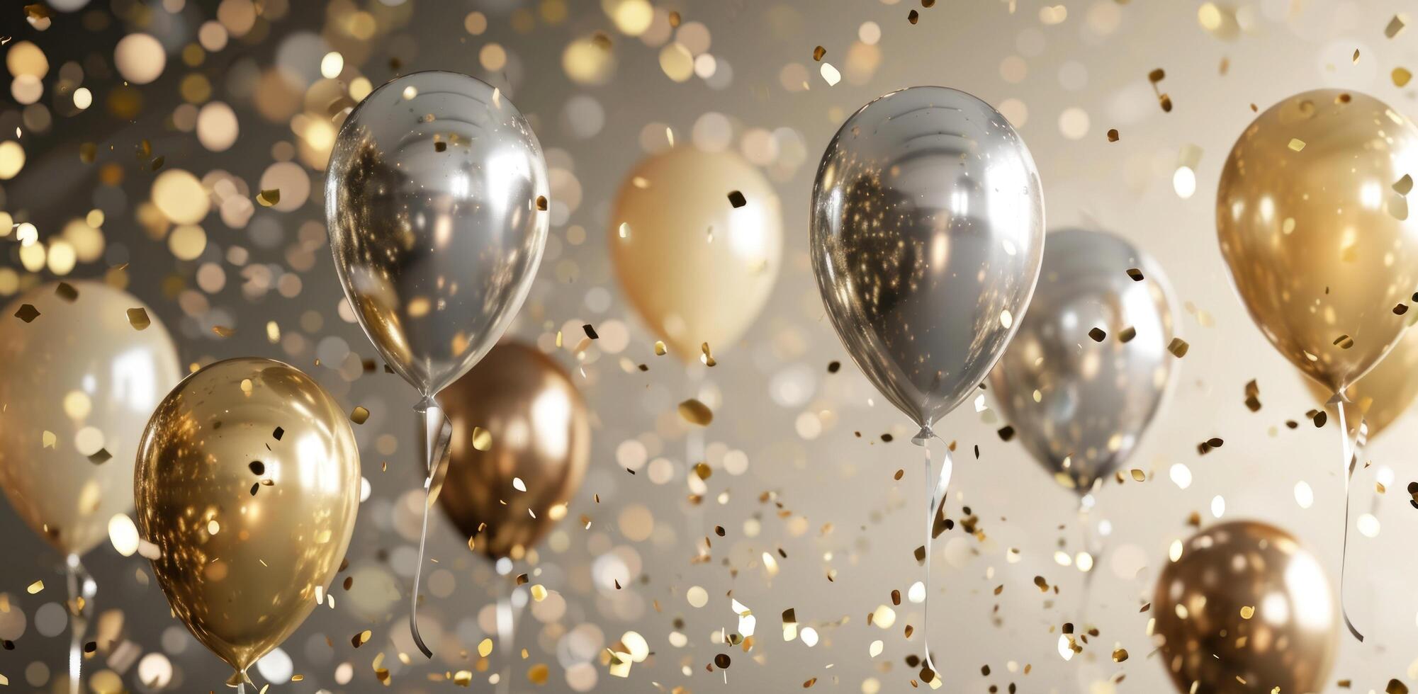 AI generated silver and gold balloons floating over a beige background photo