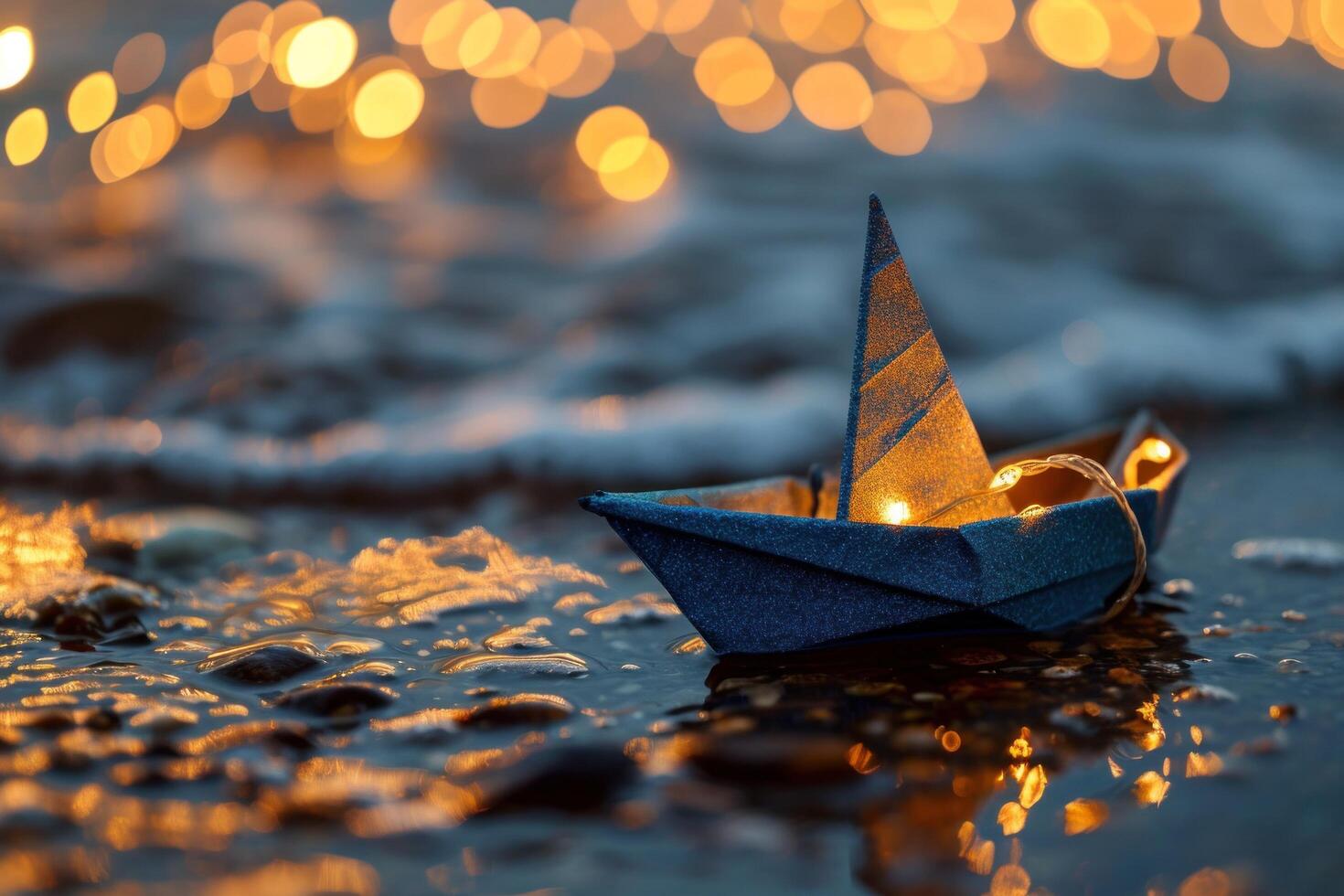 ai generado papel barco con papel vela en el playa a puesta de sol foto