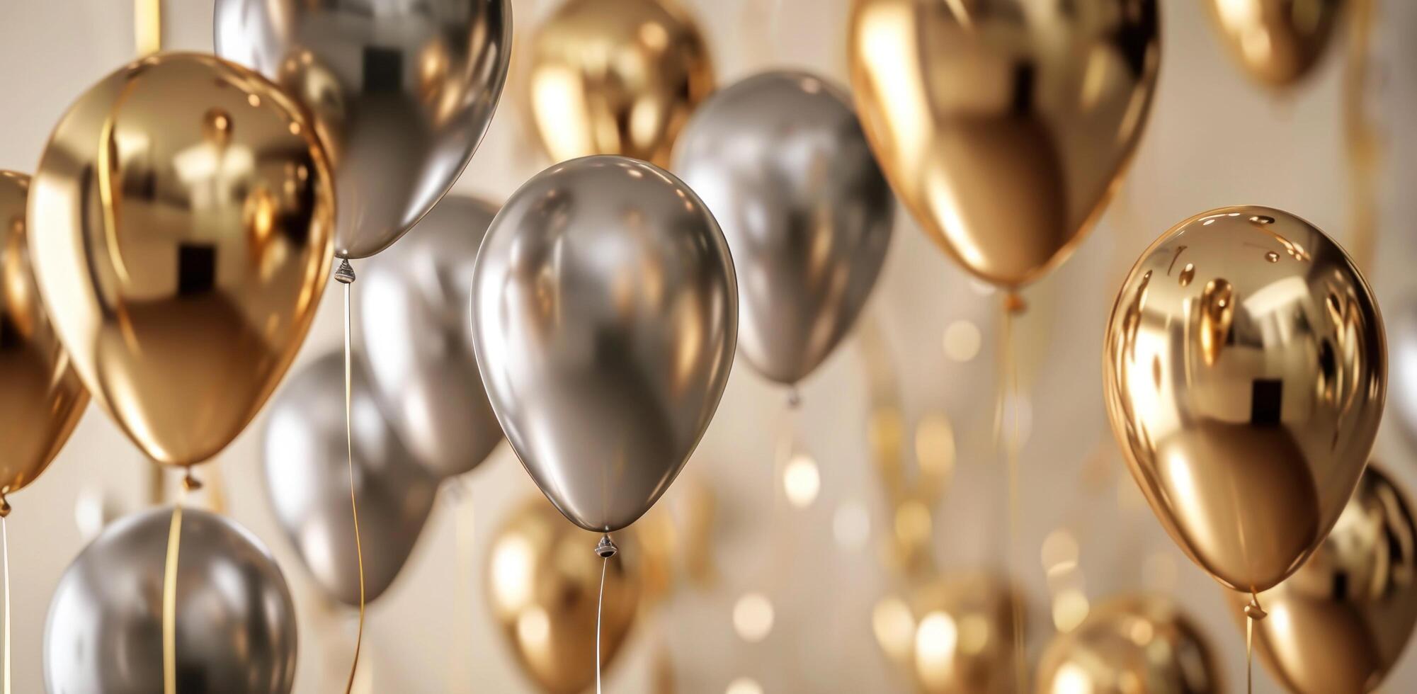 AI generated silver and gold balloons floating over a beige background photo