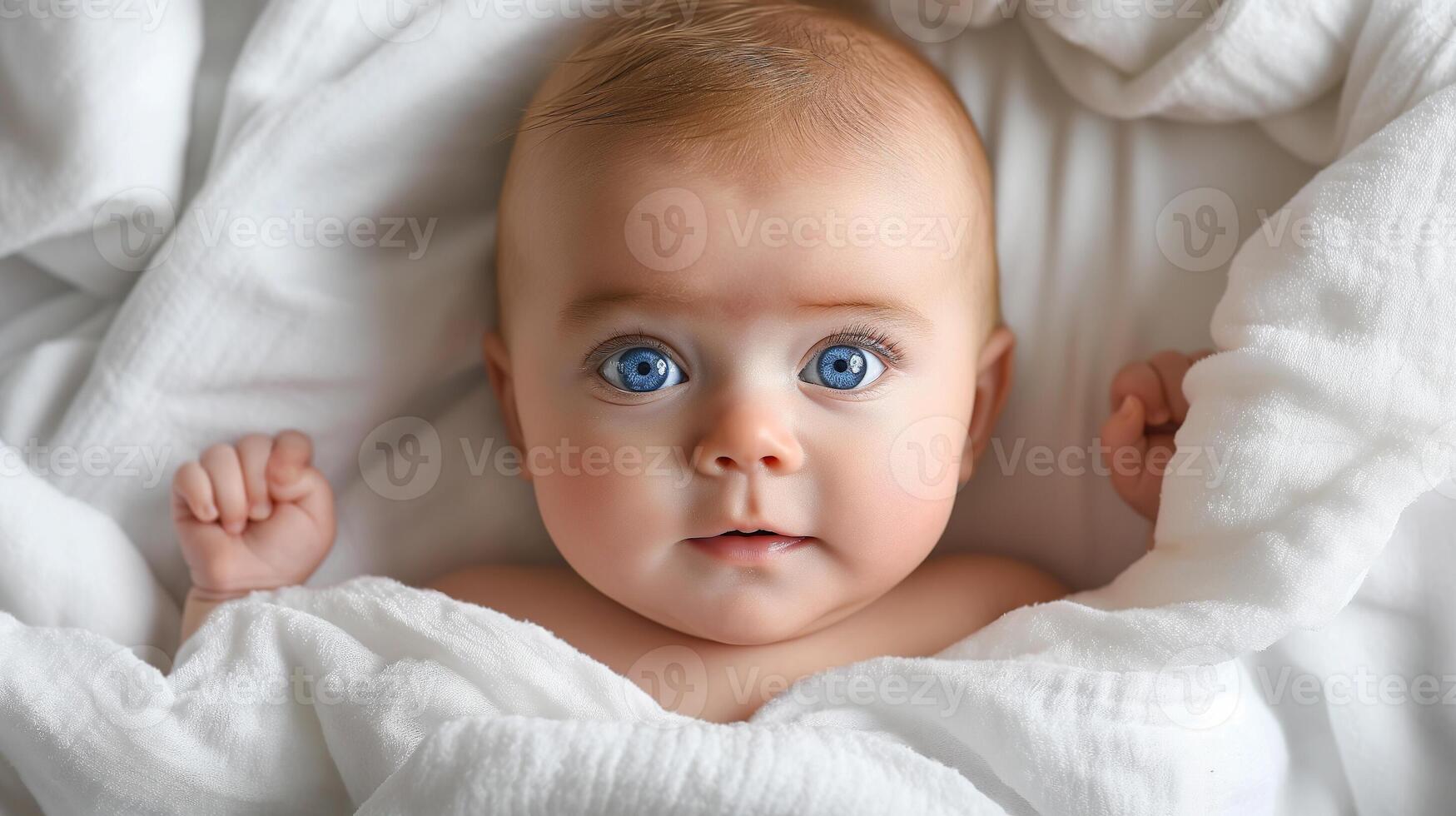 AI generated Newborn lying on a bed with white blankets, Baby look at the camera top view, Health care and happy family concept, generative AI photo