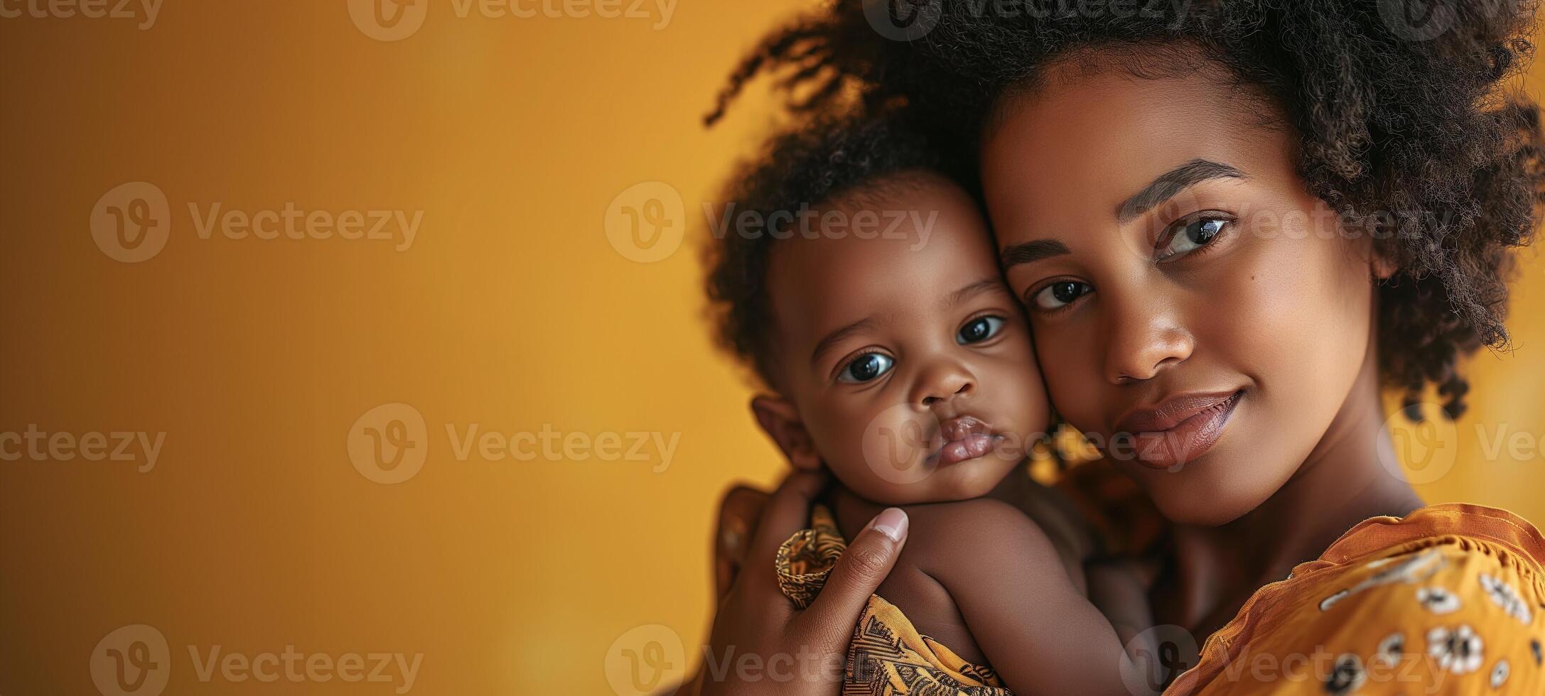 AI generated A black mother embracing her baby, Health care and happy family concept, isolated on yellow background with copy space for your text, generative AI photo