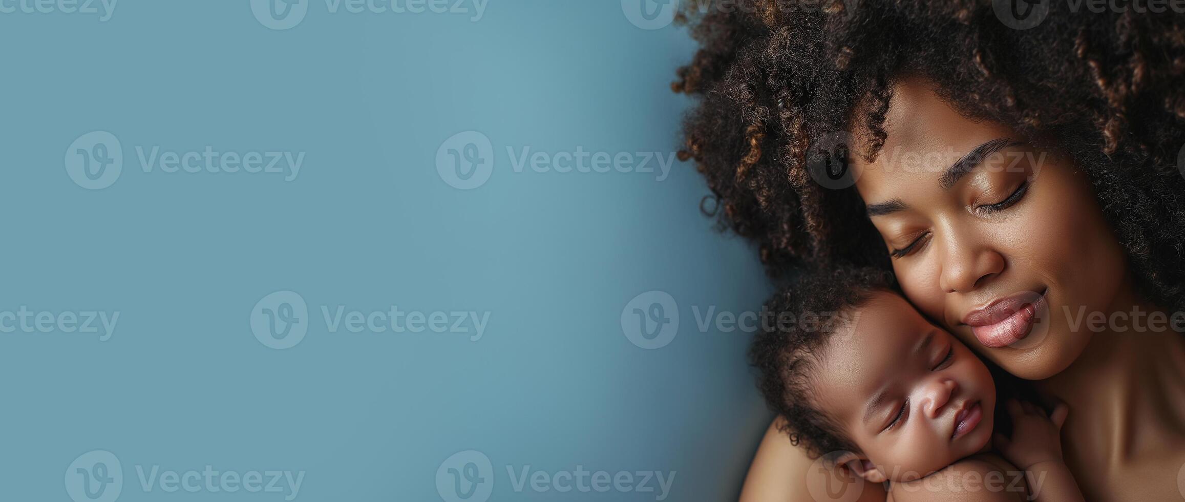 AI generated Child care with African American mother with her baby, Health care and happy family concept, empty space in studio shot isolated on blue long banner background, generative AI photo