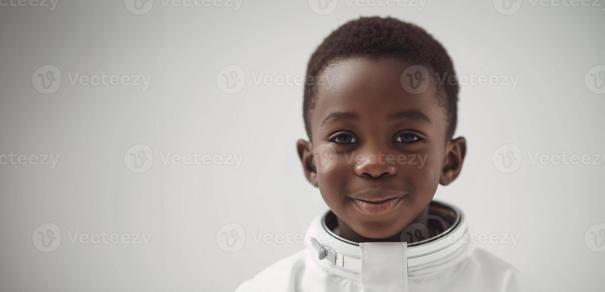 AI generated American african young boy in a spacesuit like the cosmonaut isolated on white banner background, conceptual of imagination and dream career, generative AI photo
