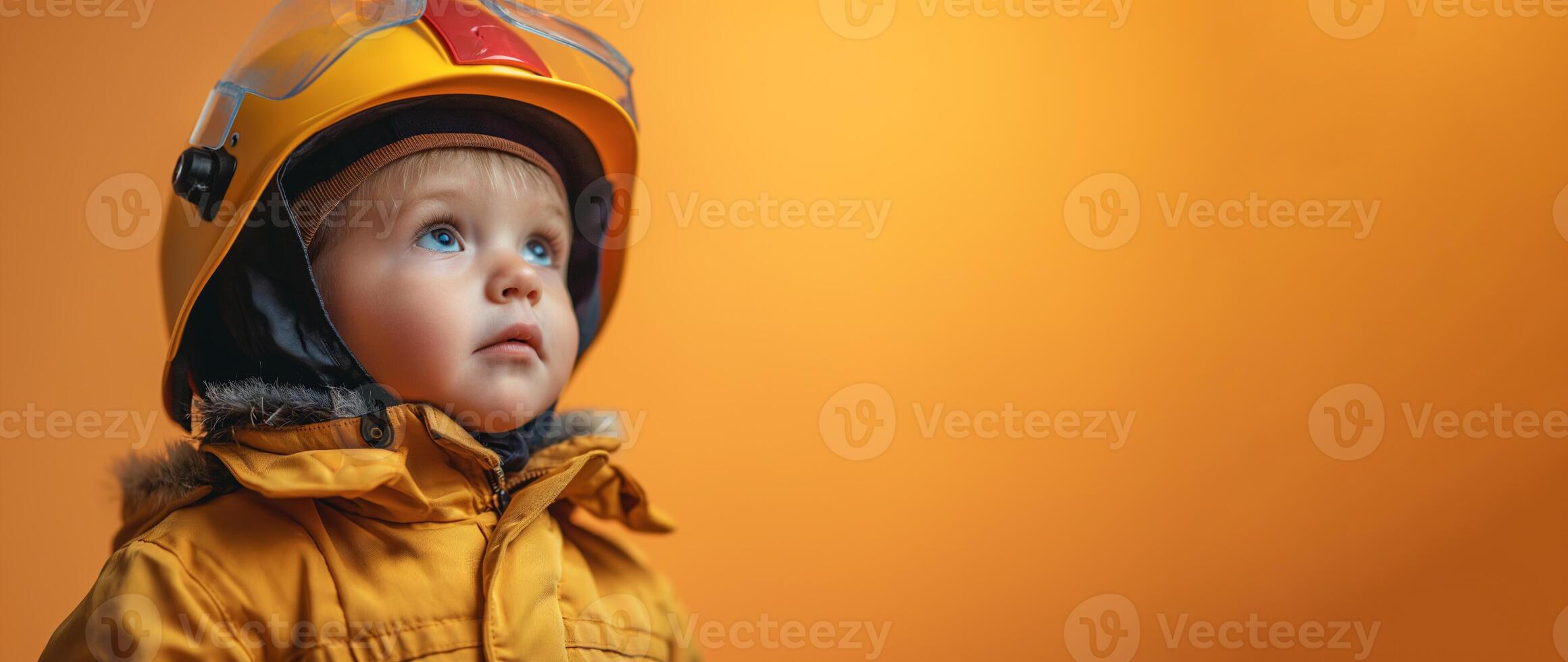 AI generated Little boy wearing firefighter outfit like the firefighter isolated on orange banner background, conceptual of imagination and dream career, generative AI photo