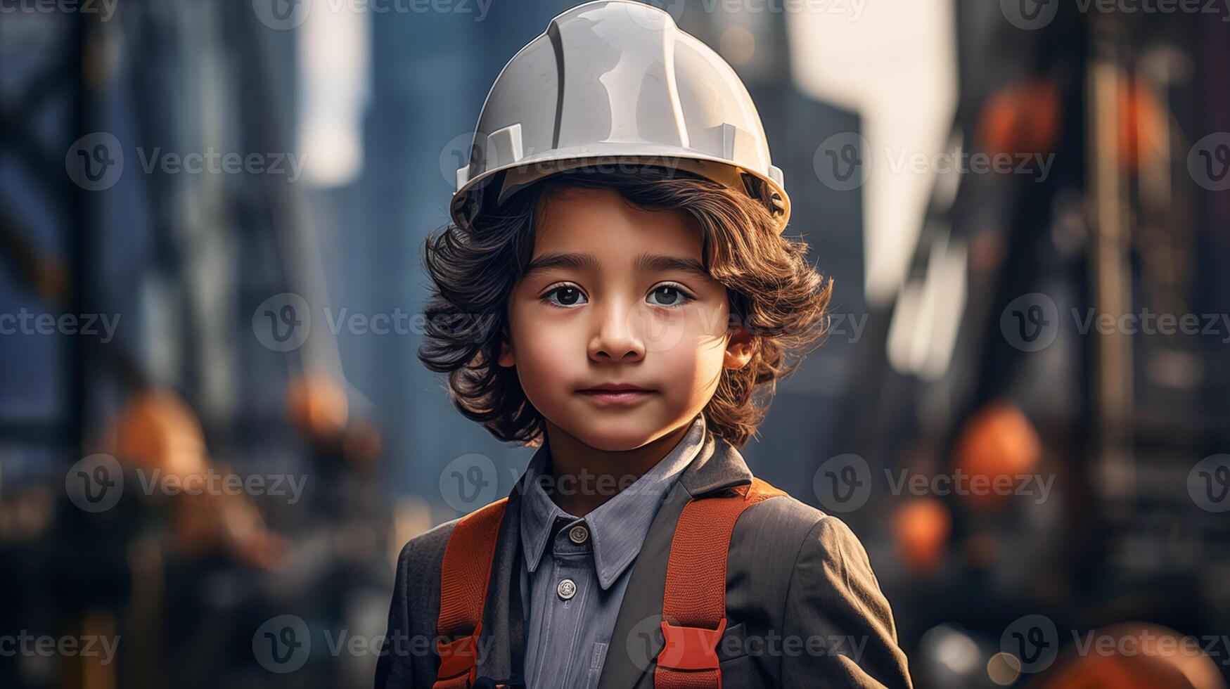 ai generado joven niño chico vistiendo construcción trabajador con construcción la seguridad sombrero me gusta arquitecto en frente de un ciudad, conceptual de imaginación y sueño carrera profesional, generativo ai foto