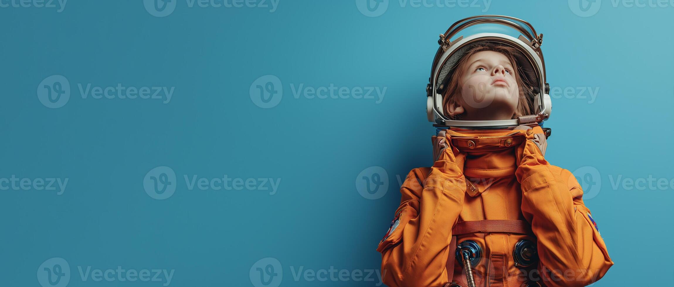 AI generated Young girl in a spacesuit like the cosmonaut isolated on blue banner background, conceptual of imagination and dream career, generative AI photo