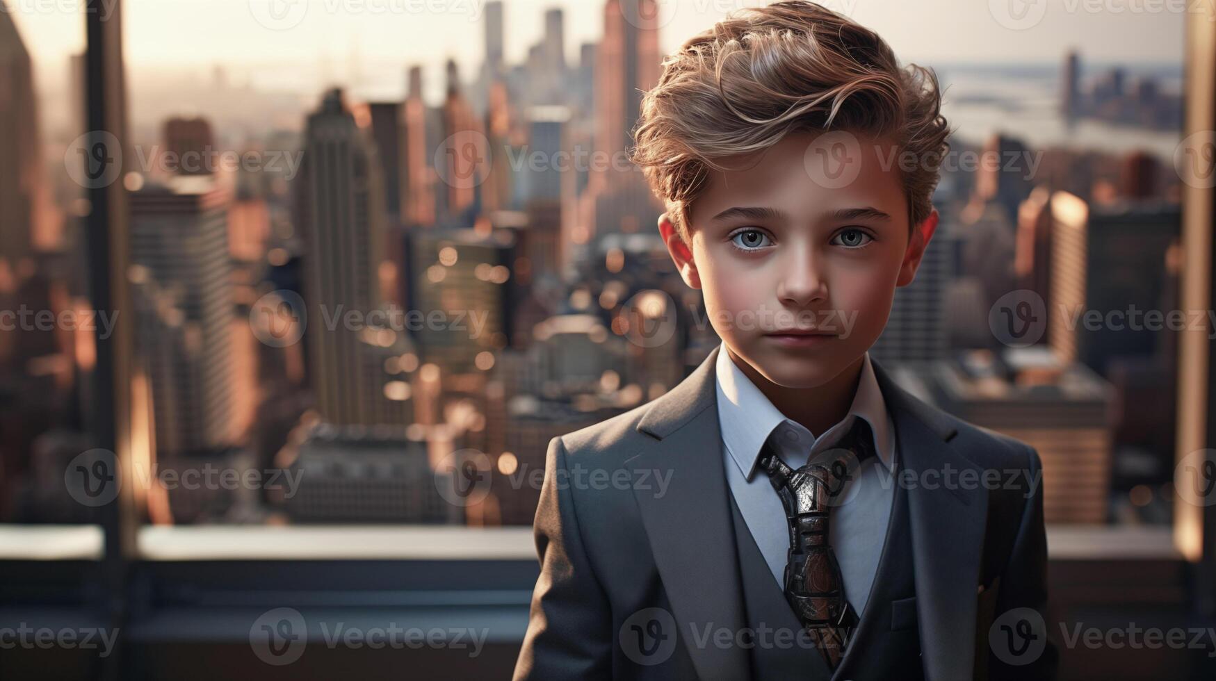 AI generated Young boy in a suit and tie standing in front of a city, generative AI photo