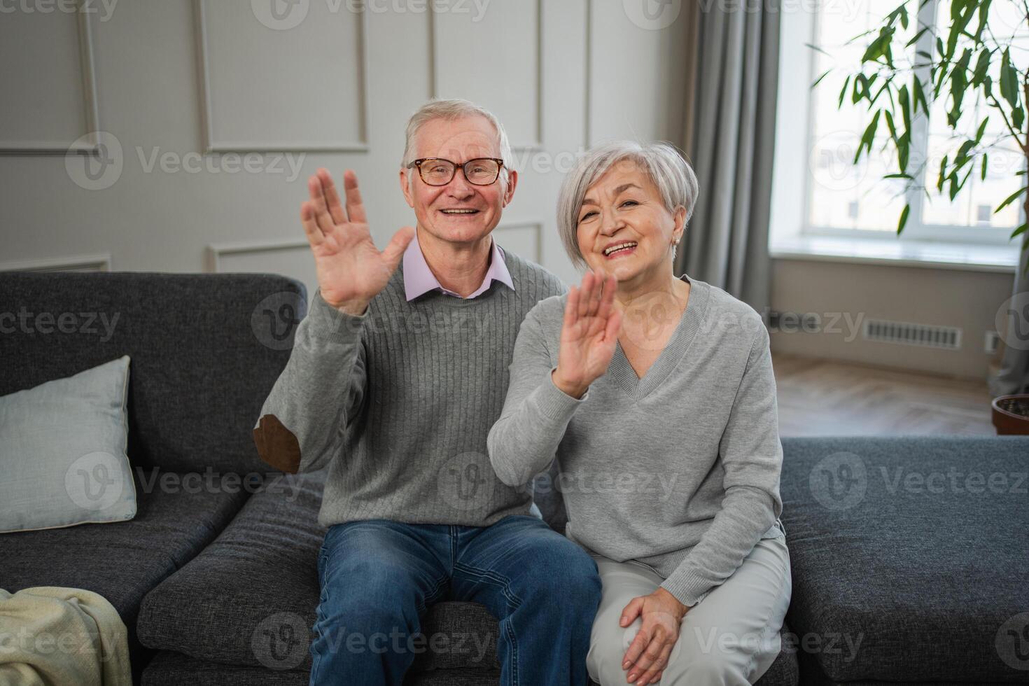 Happy senior woman man talk on video call with friends family. Mature old grandmother grandfather talking speaking with grown up children online. Older generation modern tech usage. Webcamera view photo