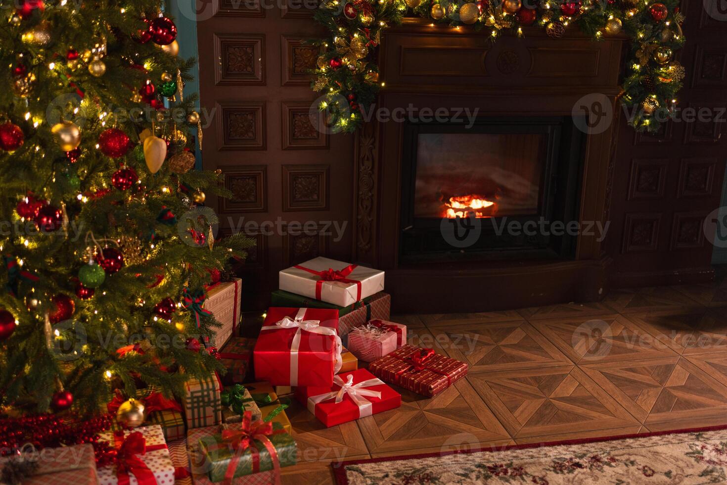 Classical Christmas decorated interior living room library with fireplace. Christmas tree with red golden ornament decorations. Modern classic style interior design apartment. Christmas eve at home photo