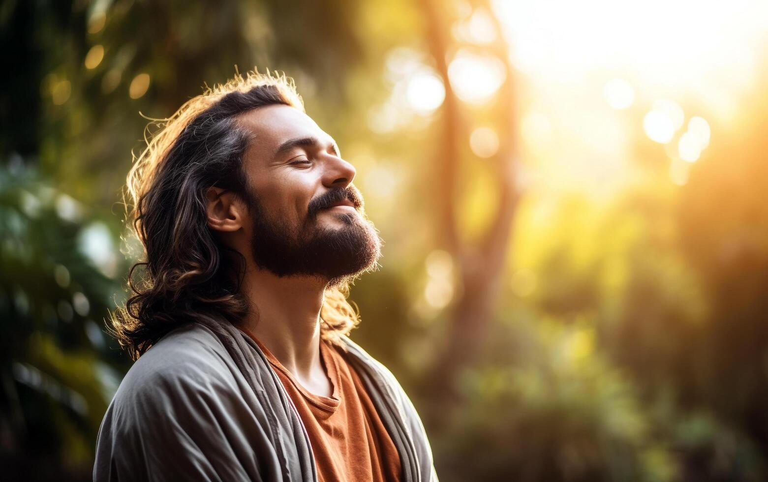 serenidad en naturaleza barbado hombre meditando con cara elevado a el cielo en el parque foto