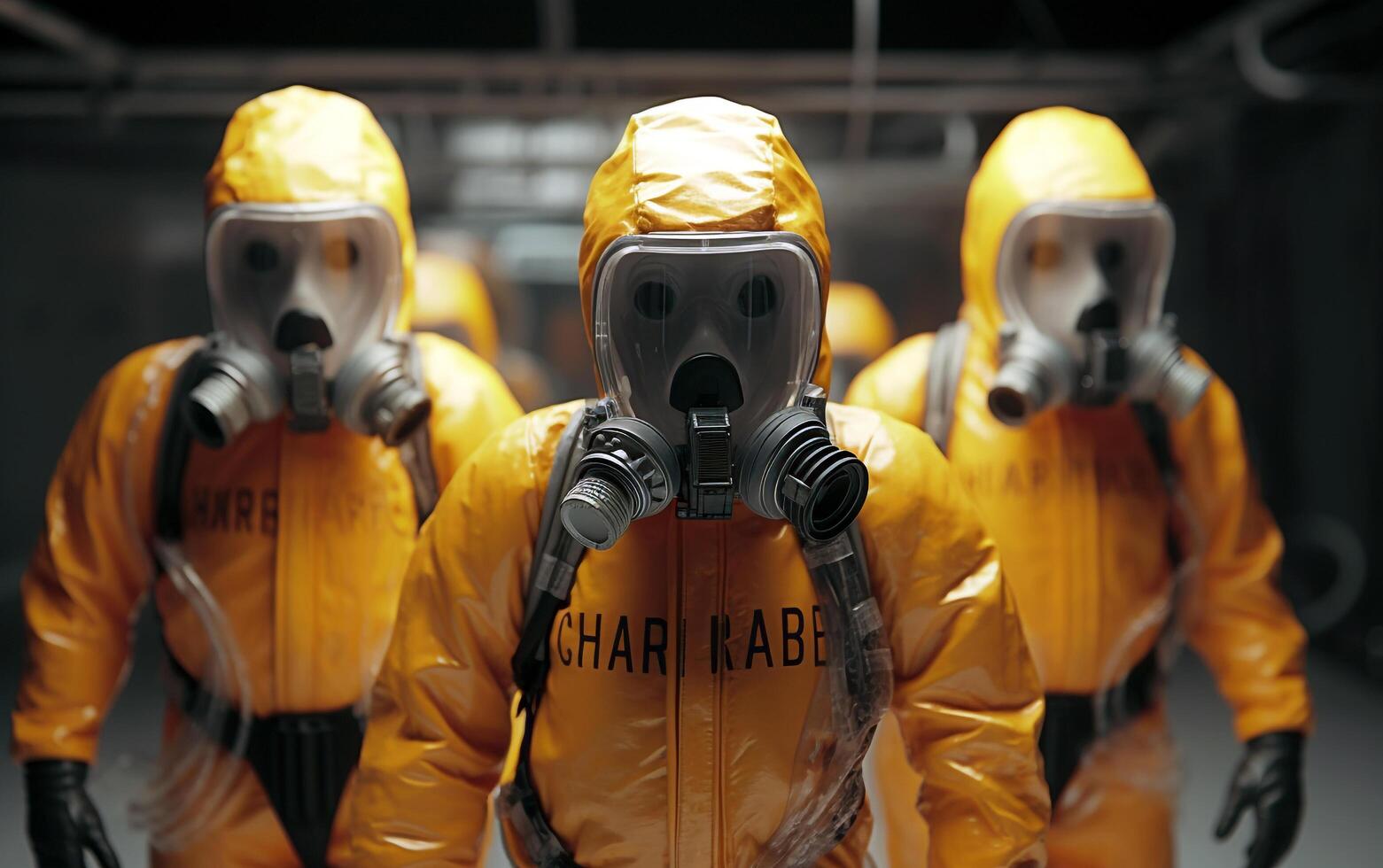 Cautionary Trio 3 Men in Yellow Hazmat Suits on White Background photo