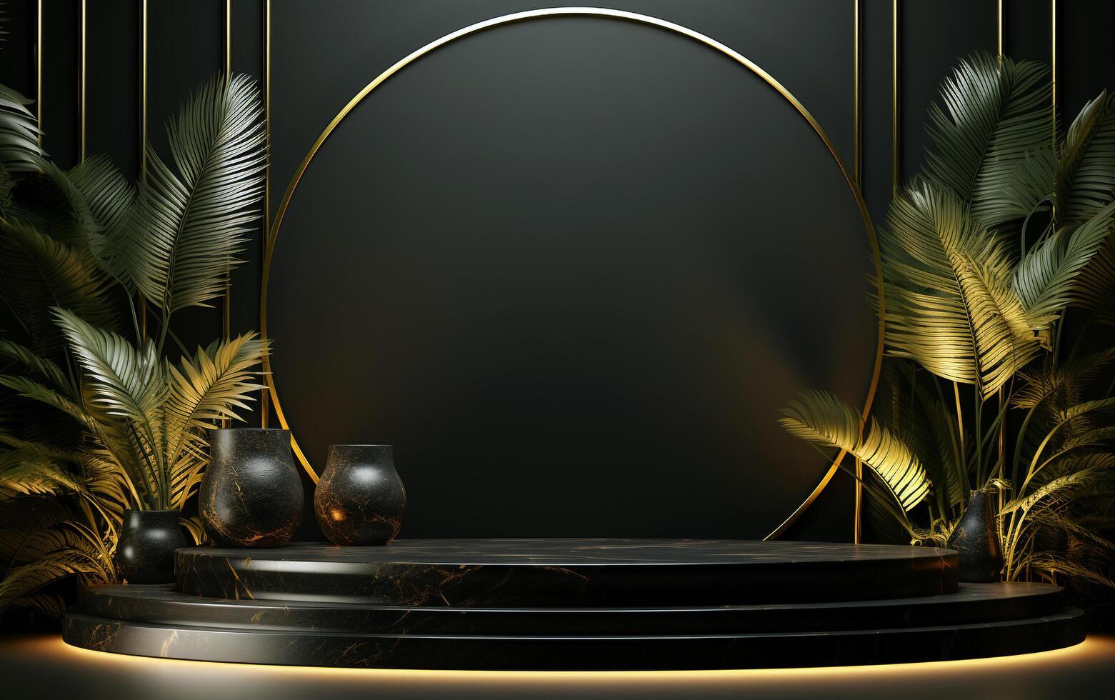 Modern Luxury Scene Realistic 3D Black Pedestal with Golden Elements on Black Background photo