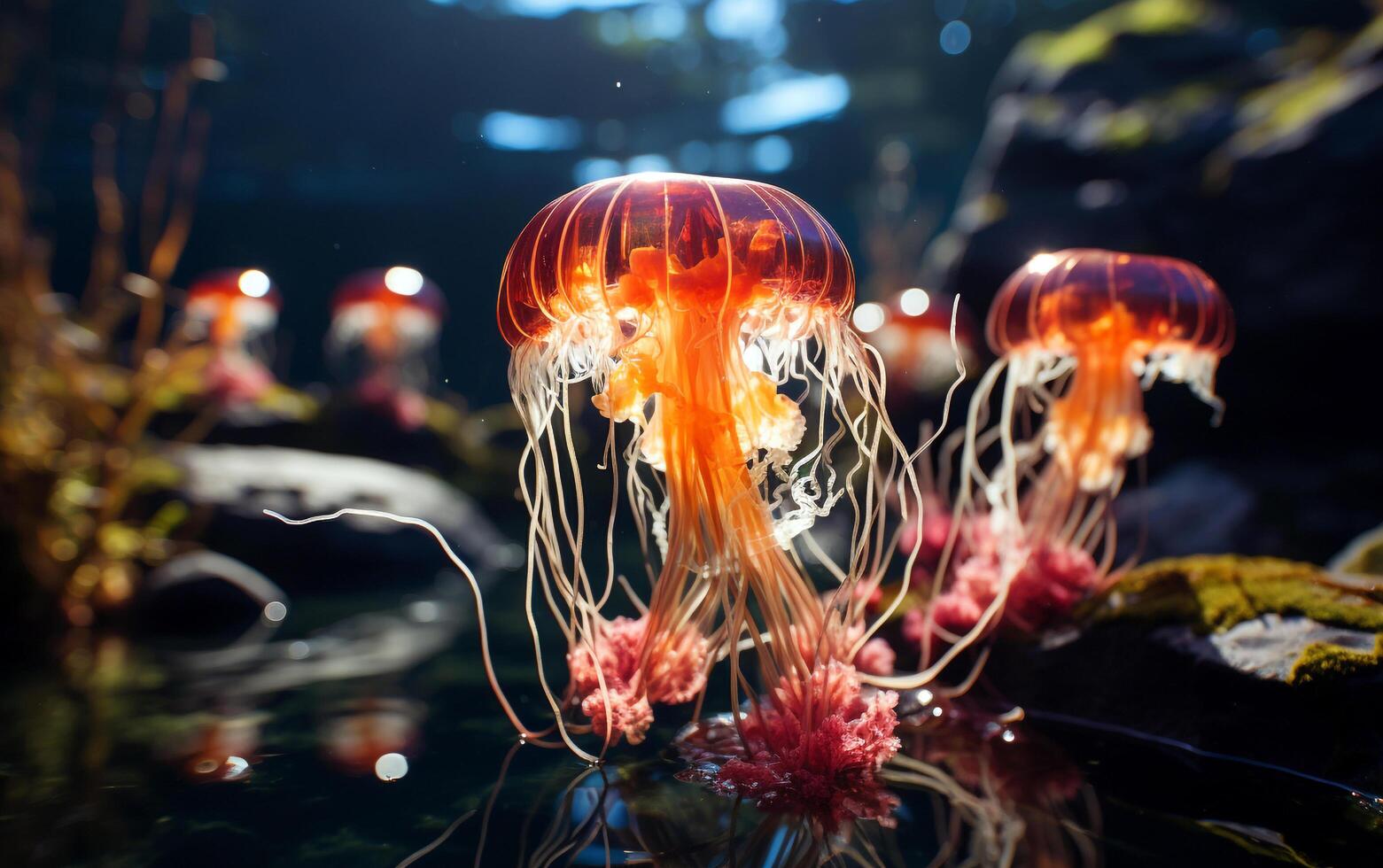 Glowing Underwater Bioluminescent Jellyfish Gathering photo