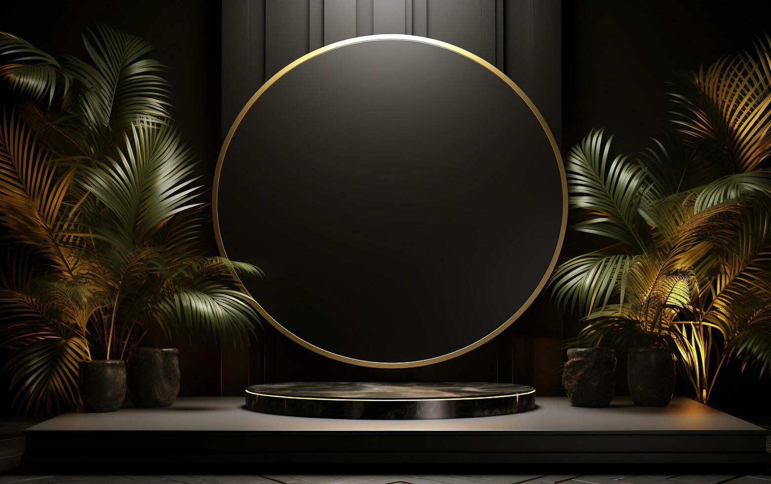 Luxurious Presentation Realistic 3D Black Pedestal with Golden Elements on Black Background photo