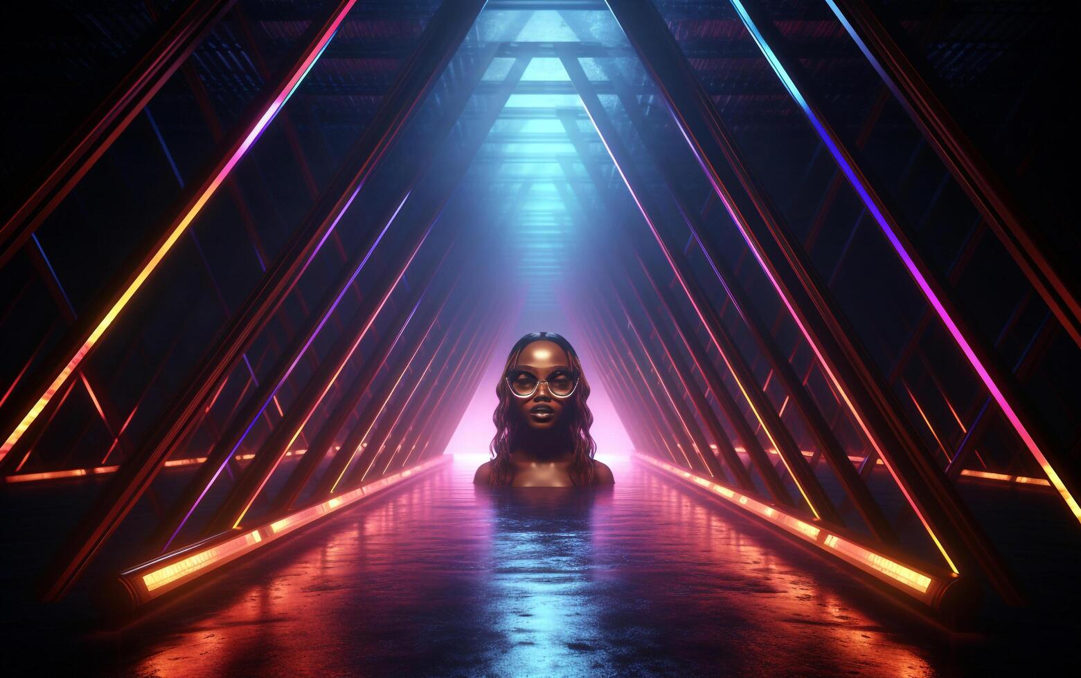 Neon Triangular Portal 3D Render of Ultraviolet Glowing Lines Tunnel Corridor photo