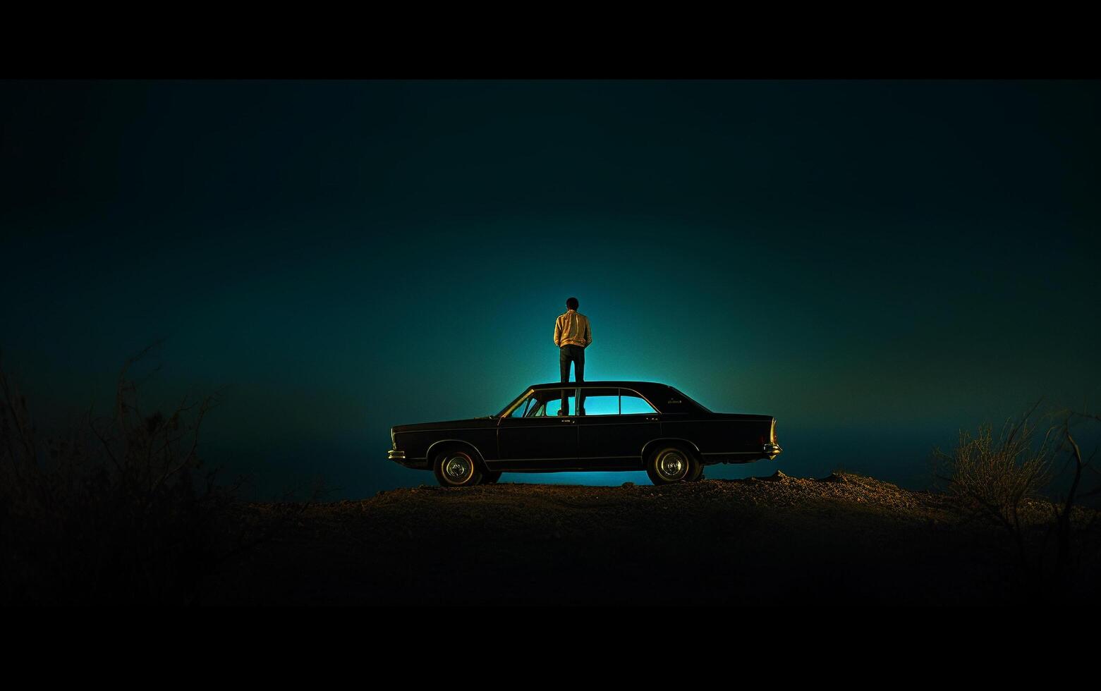 Elevated in Darkness Man Standing on Top of Car in a Dim Setting photo