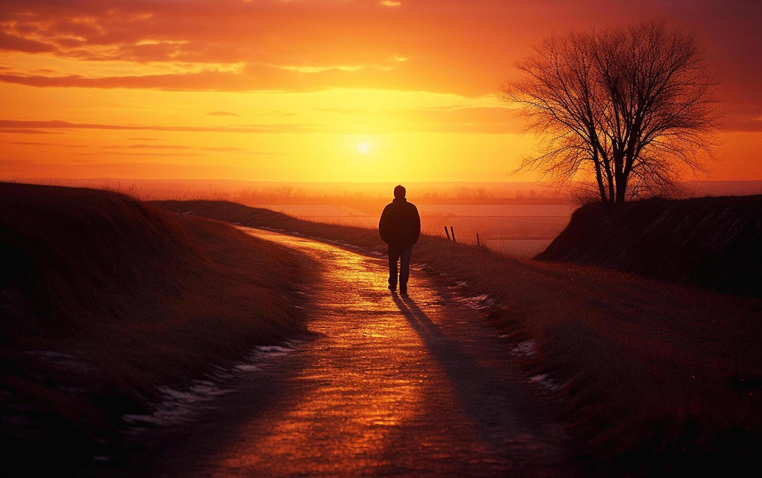Wandering Into Sunset Lone Figure on a Quiet Road photo