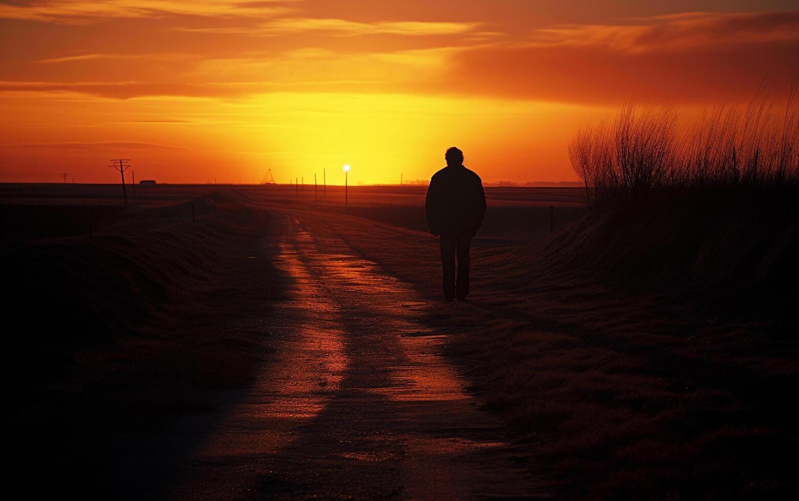 Journey of Solitude Man Walking into the Sunset photo