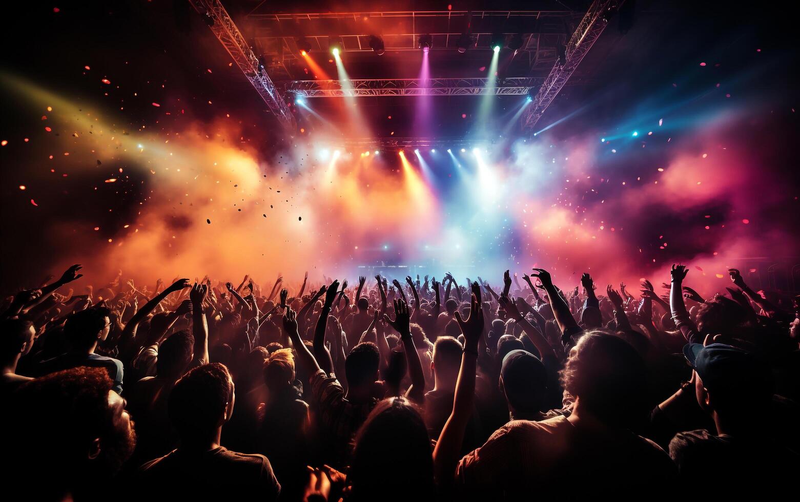 Dynamic Concert Crowd Under Colorful Stage Lights with Confetti photo