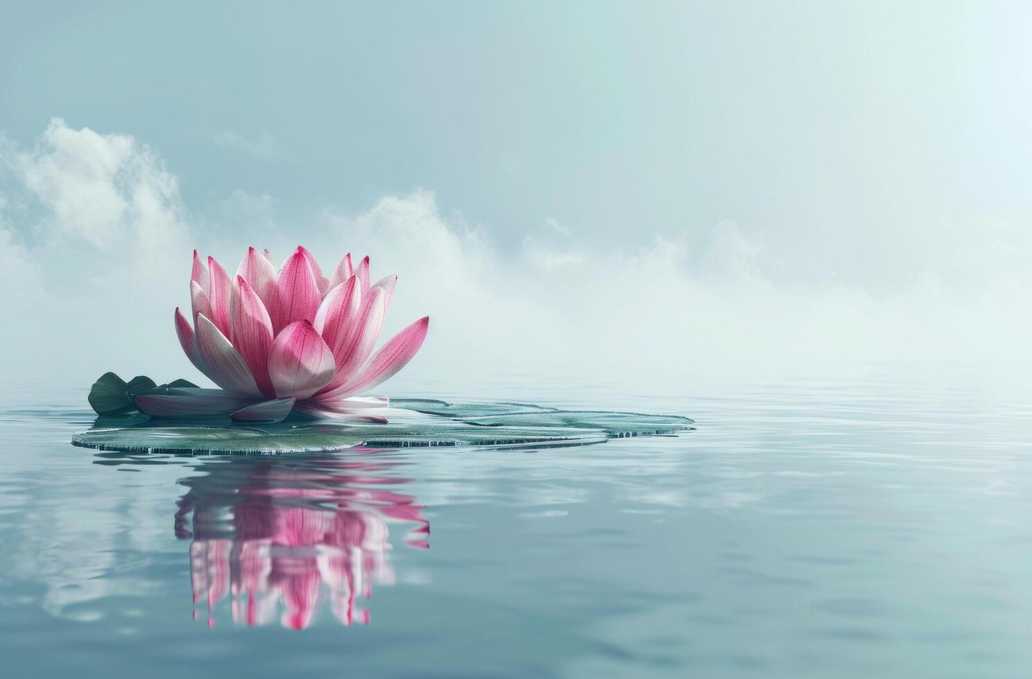 AI generated pink lotus flower floating in cold water in front of fog photo