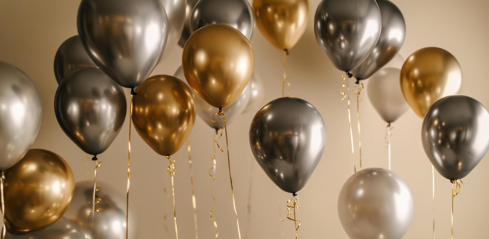 AI generated silver and gold balloons floating over a beige background photo