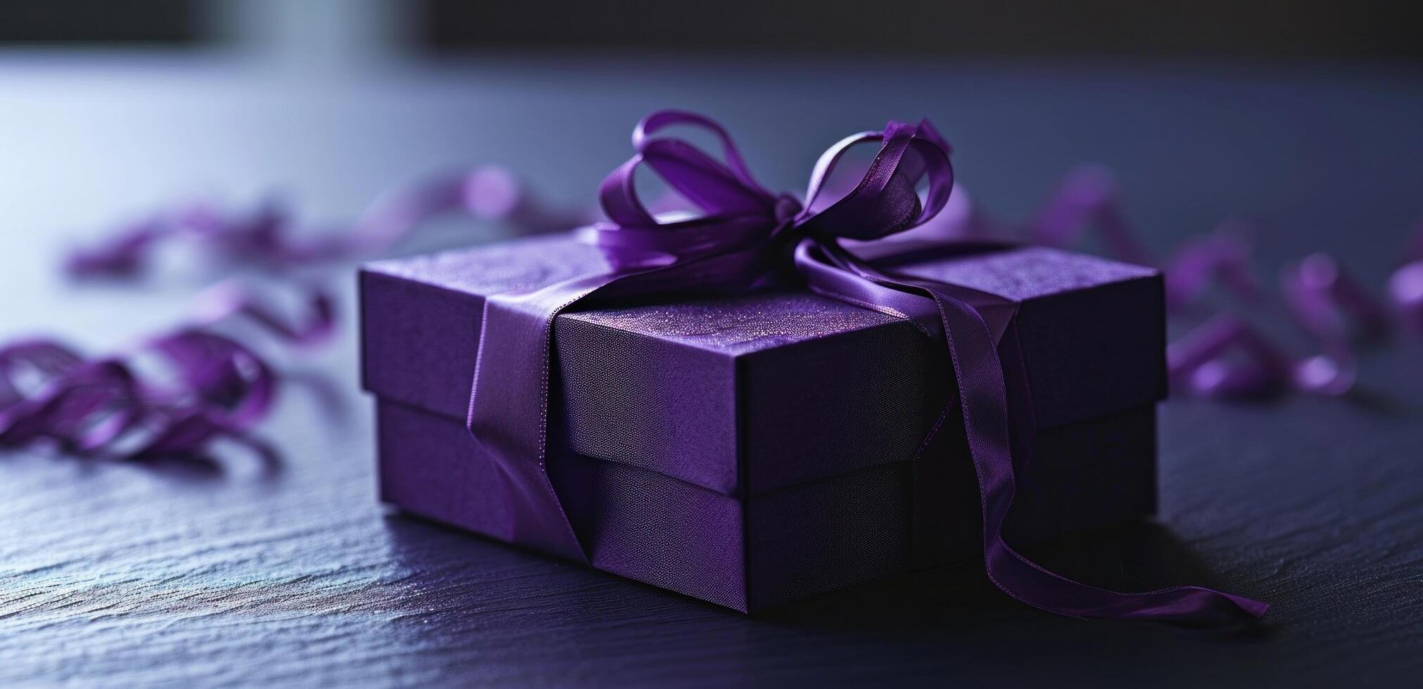 AI generated purple box with ribbon in the foreground photo