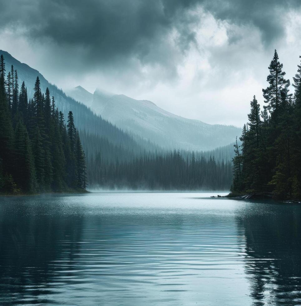 AI generated photo of a lake in the rainy forest against mountains