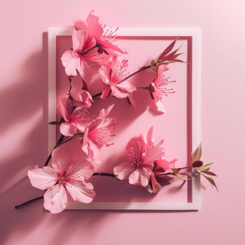 ai generado rosado flores y un papel marco foto