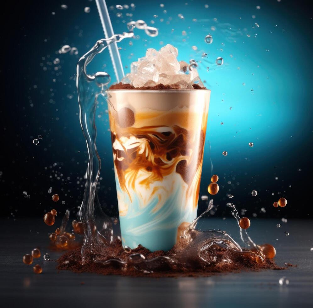 ai generado súper lechoso té Leche hielo té caliente cacao bebida con asperja y chocolate gotas foto