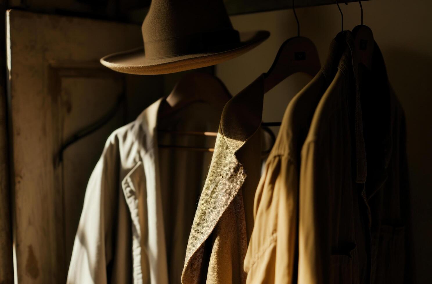 AI generated styled wardrobe in dark room with brown hat photo