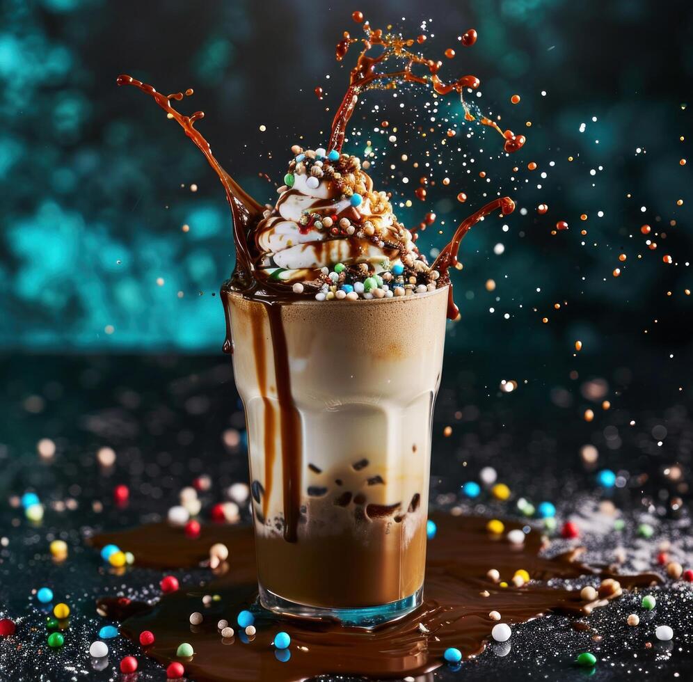 AI generated super milky tea milk ice tea hot cocoa drink with sprinkles and chocolate drops photo