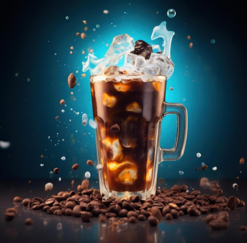 ai generado súper lechoso té Leche hielo té caliente cacao bebida con asperja y chocolate gotas foto