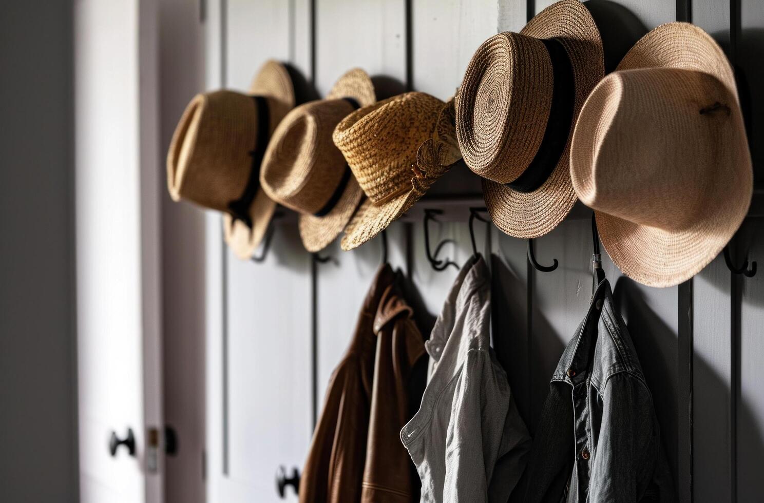 ai generado Paja sombreros y chaquetas colgando en estante en moderno cocina foto