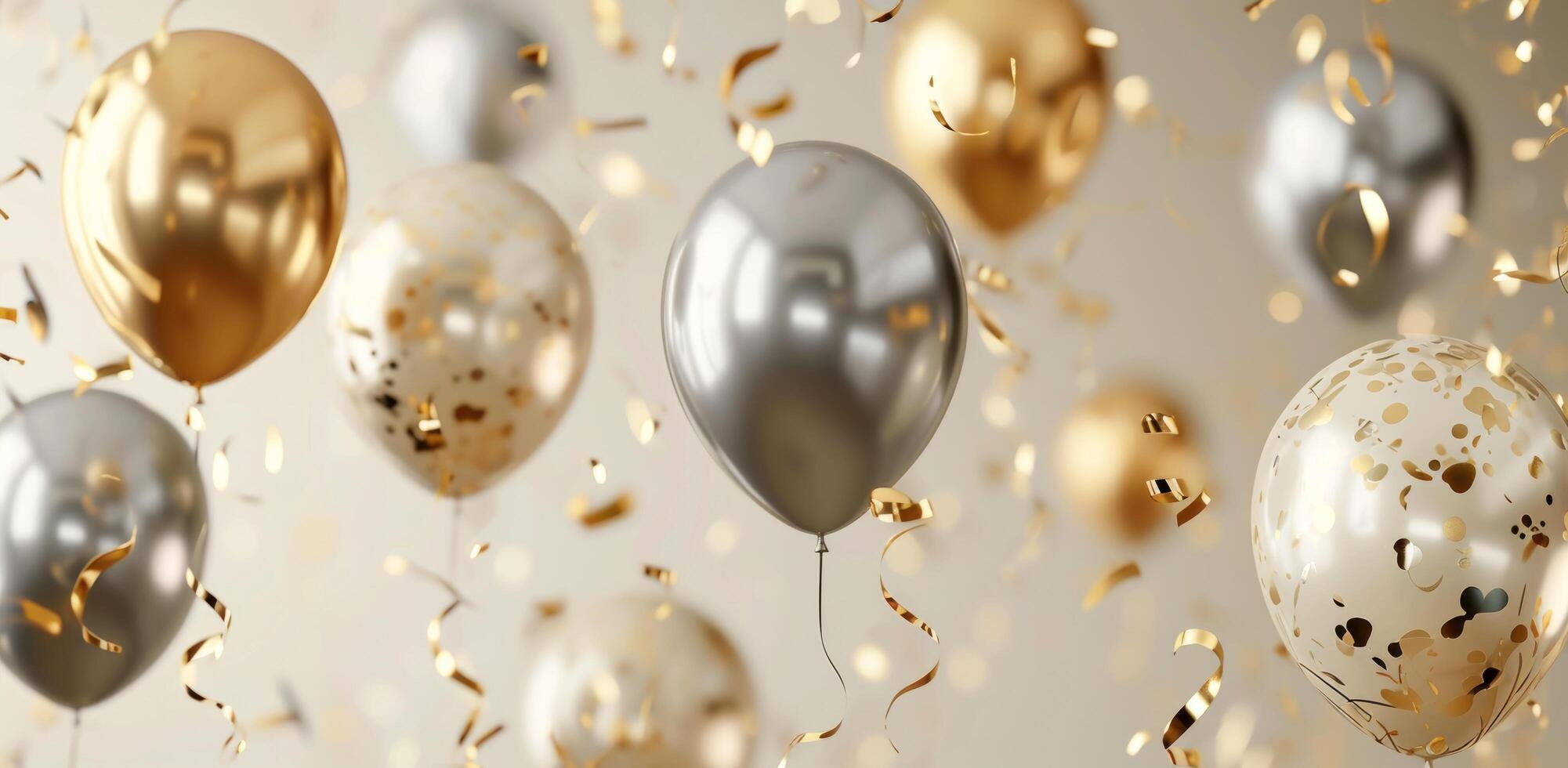 AI generated silver and gold balloons floating over a beige background photo