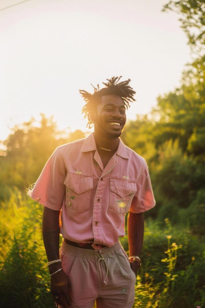 ai generado sonriente joven cadera salto artista foto de un negro hombre vistiendo un rosado camisa y pantalones cortos