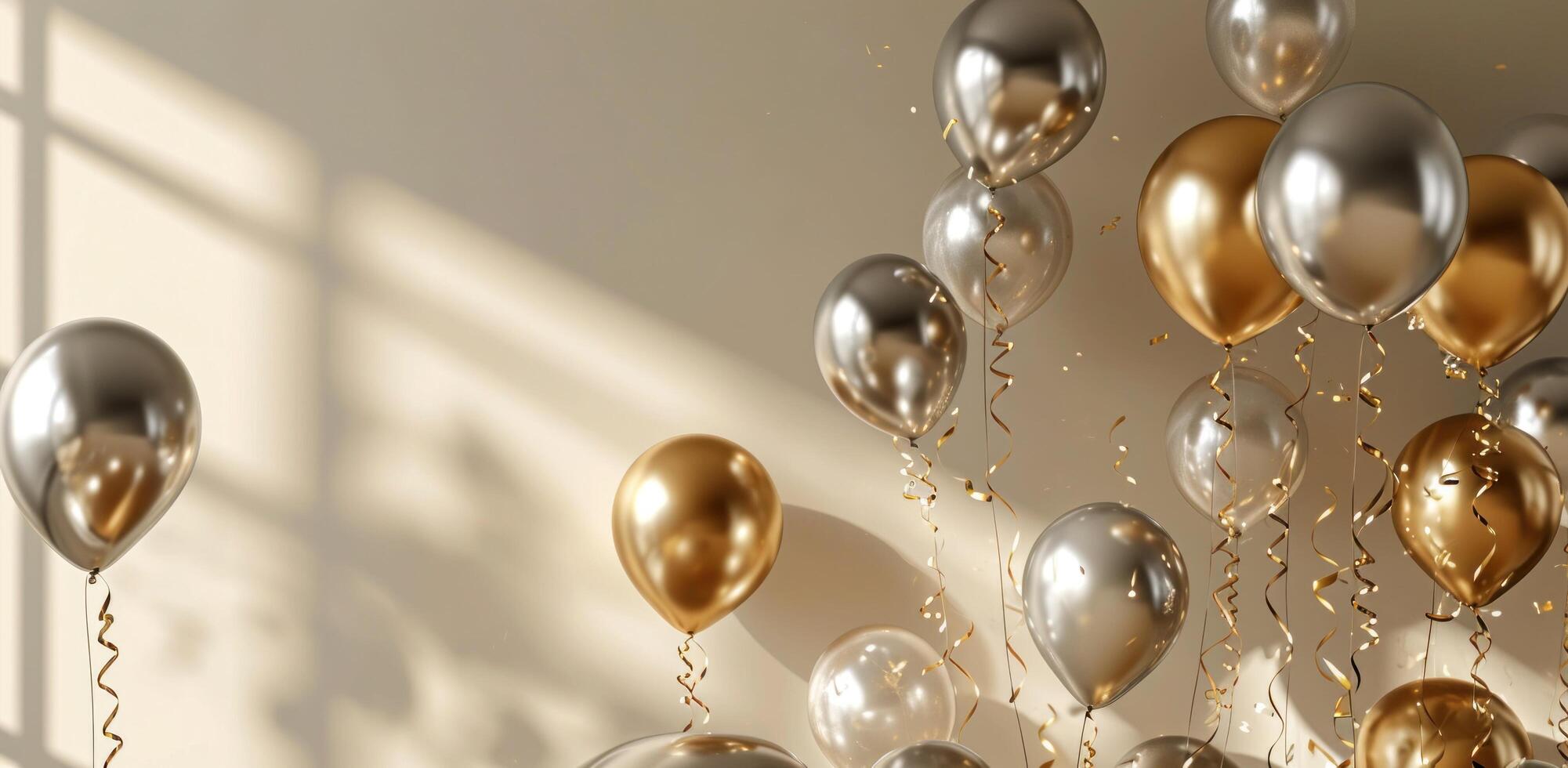 AI generated silver and gold balloons floating over a beige background photo