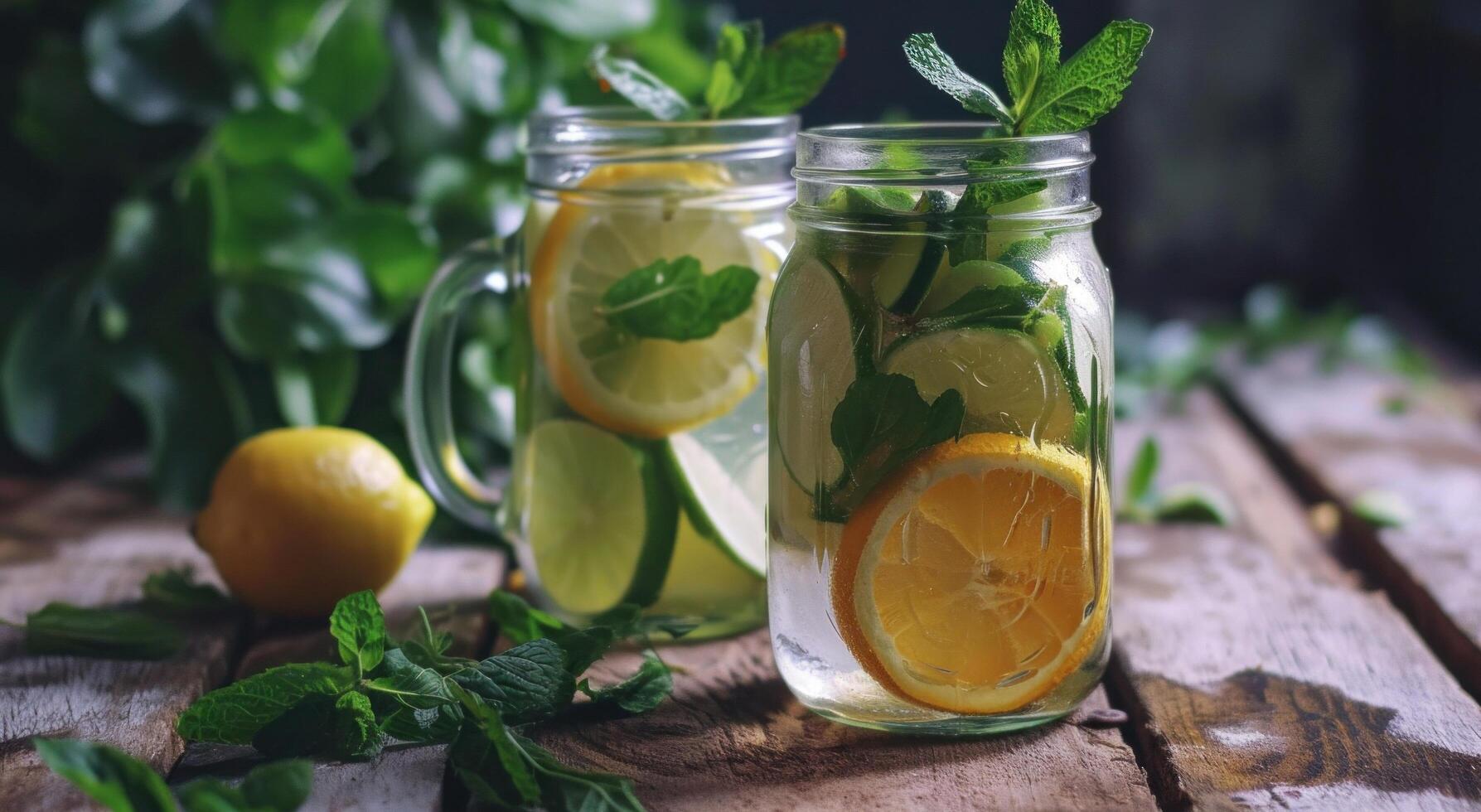 AI generated two jars with lemon, lime and mint iced tea photo