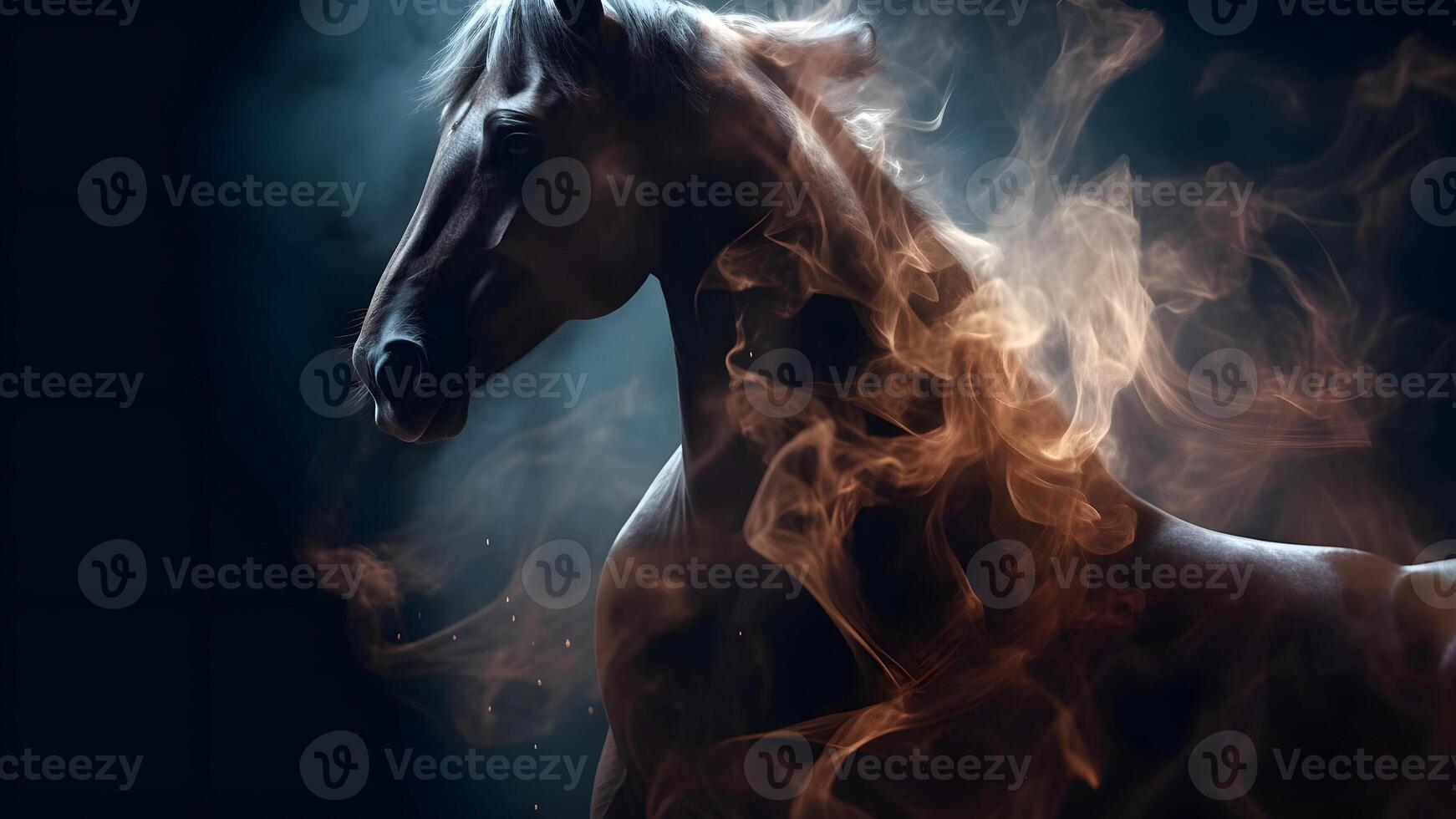 AI generated artisticly lit horse head with smoke and fumes on black background, neural network generated image photo