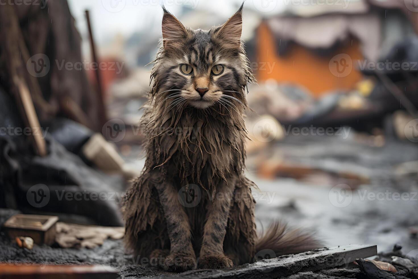AI generated alone, wet, dirty and hungry domestic cat after disaster on the background of house rubble, neural network generated image photo